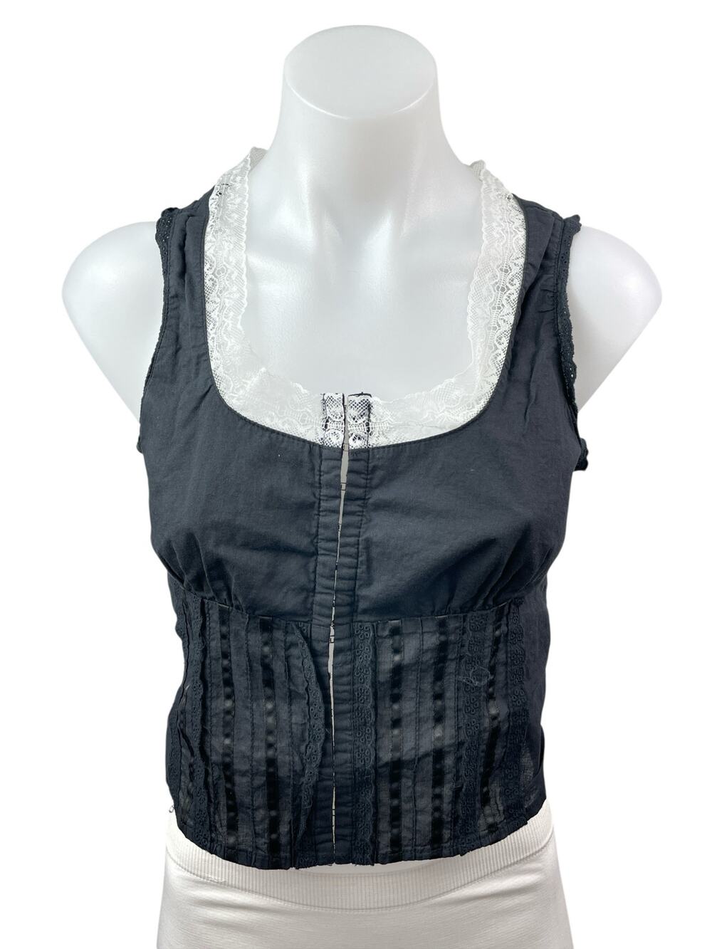 With Jean Black Lace Trim Pintucked Corset Bustier Zip Up Cami Tank Crop Top M